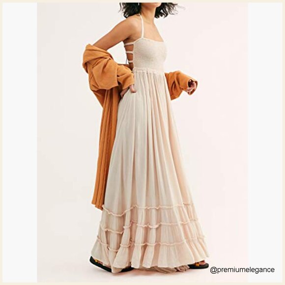 Summer Boho Backless Maxi Dress Halter Tie Waist Ruffle Hem Rayon Cotton - Picture 4 of 7